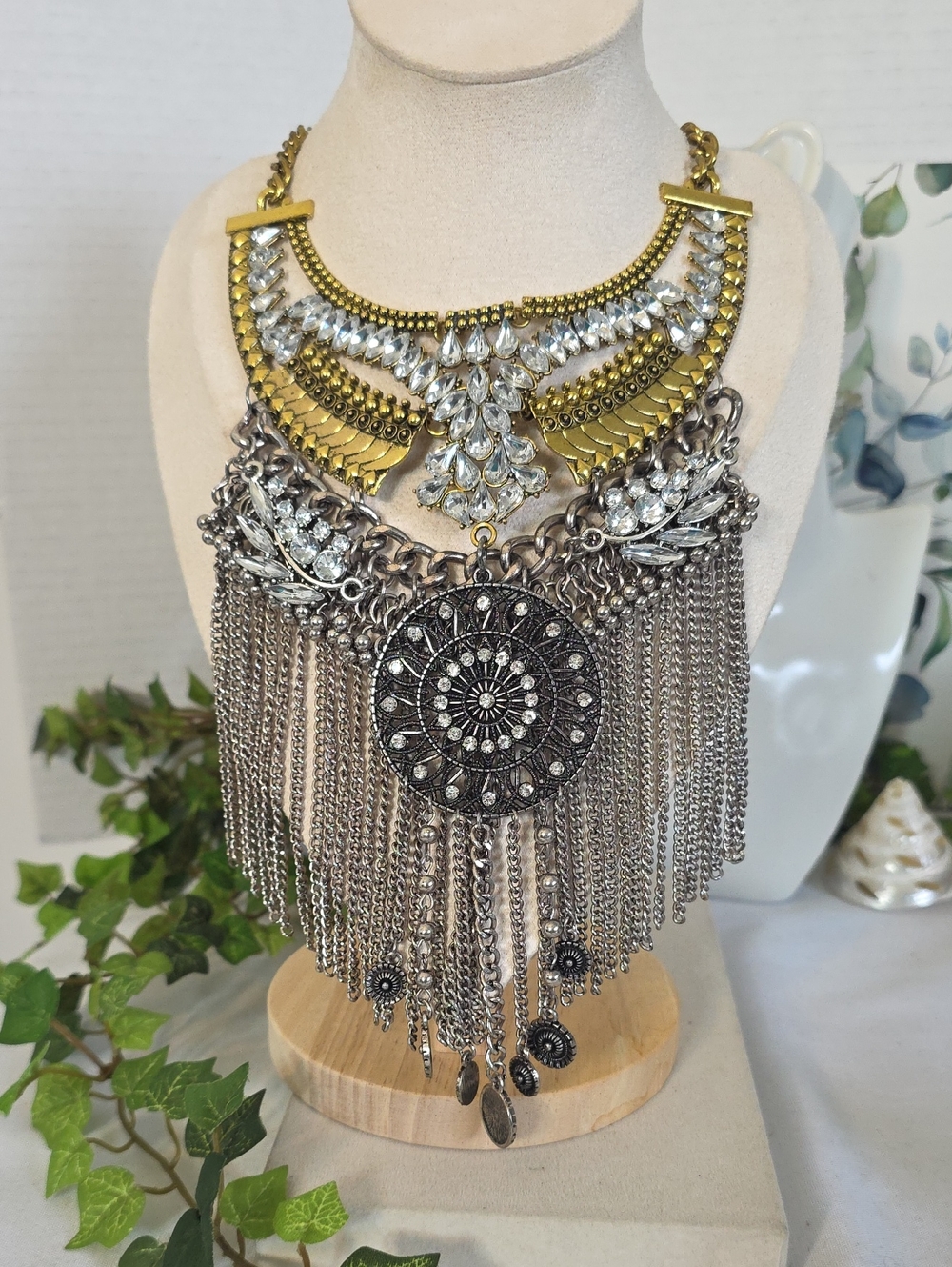 Boho Mixed Metal Statement Bib Necklace Rhinestones Chain Fringe Medallion